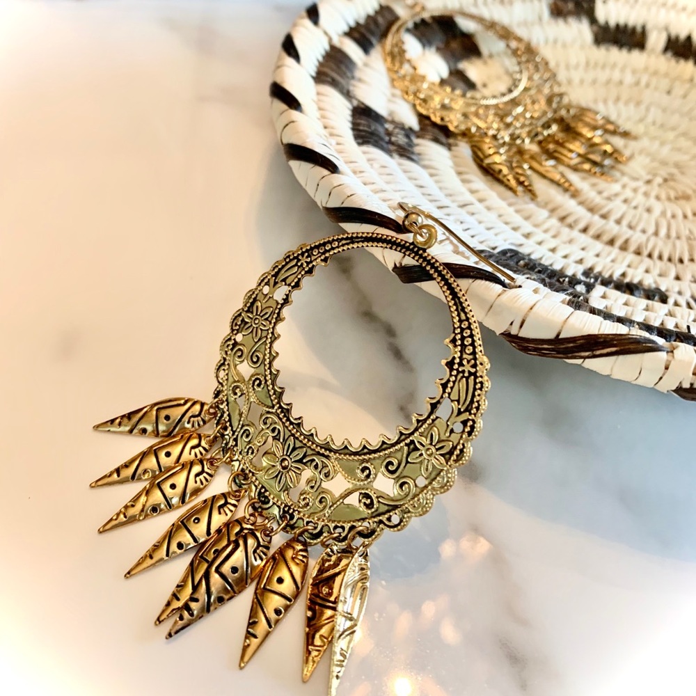Boho hoop chandelier earrings gold antique plate